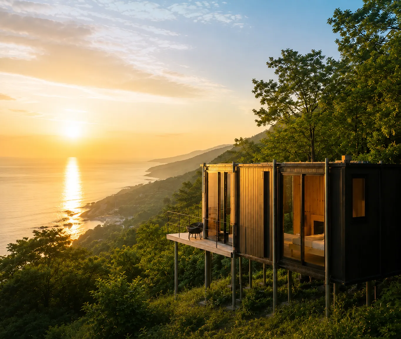 海と山の景色に建つ折り畳み式木造コンテナ Wing